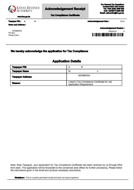 download kra tax compliance certificate acknowldegement receipt