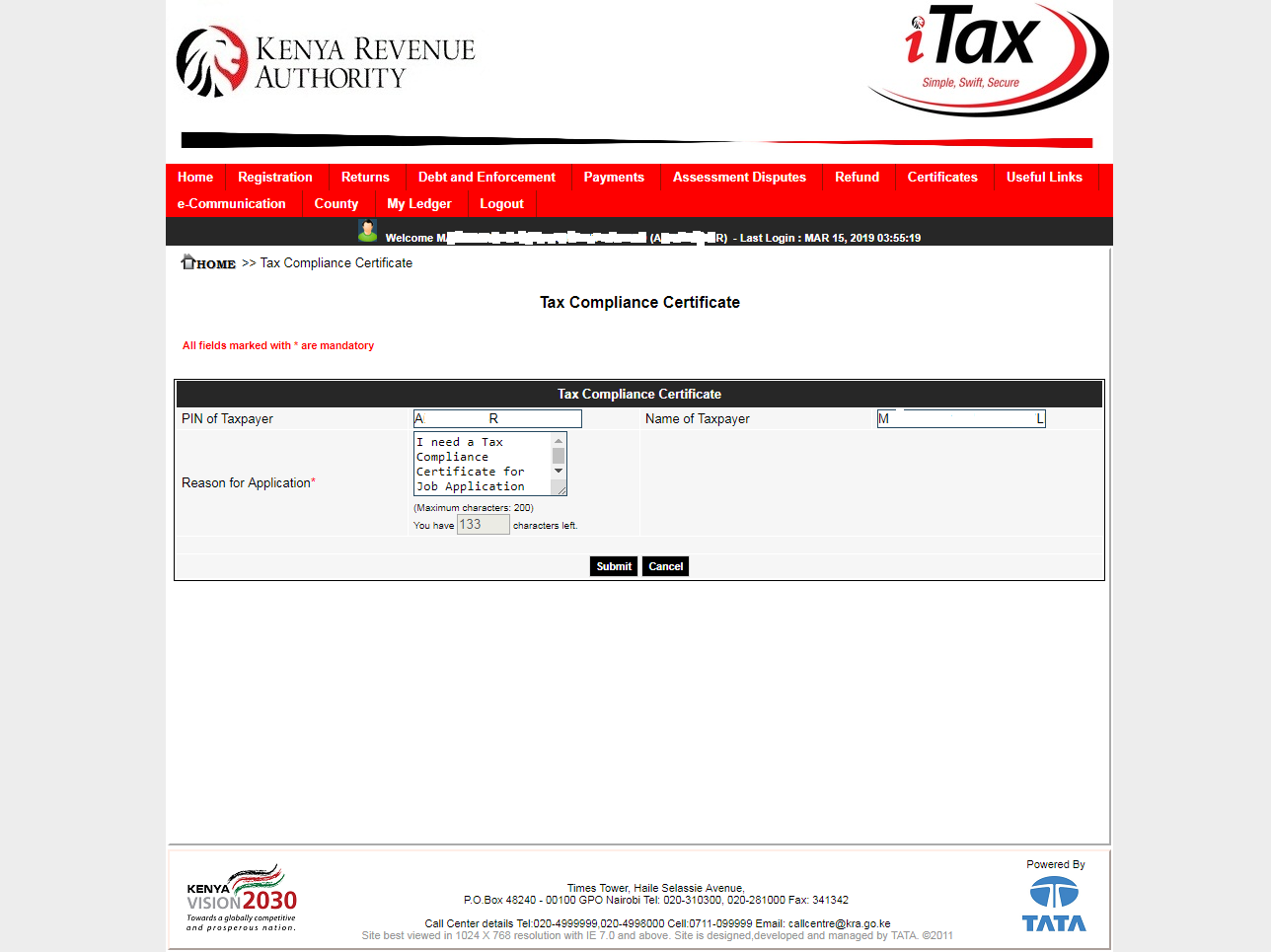 reasons for application of tax compliance certificate