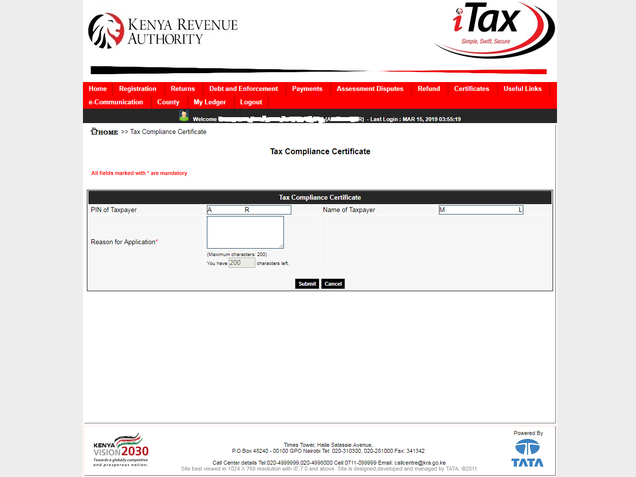 tax compliance certificate page