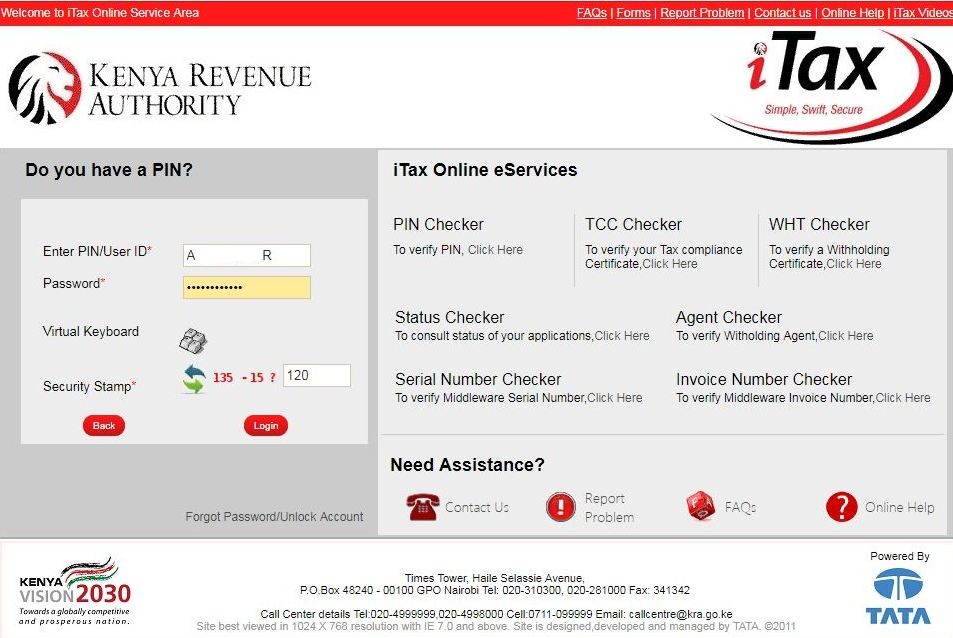 enter kra pin and itax password