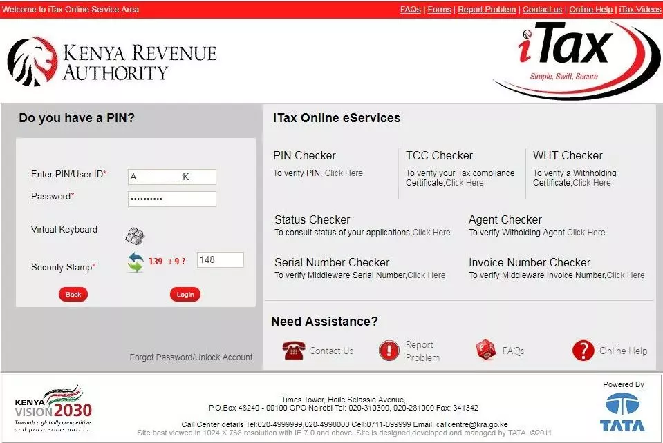 enter kra pin number and kra password