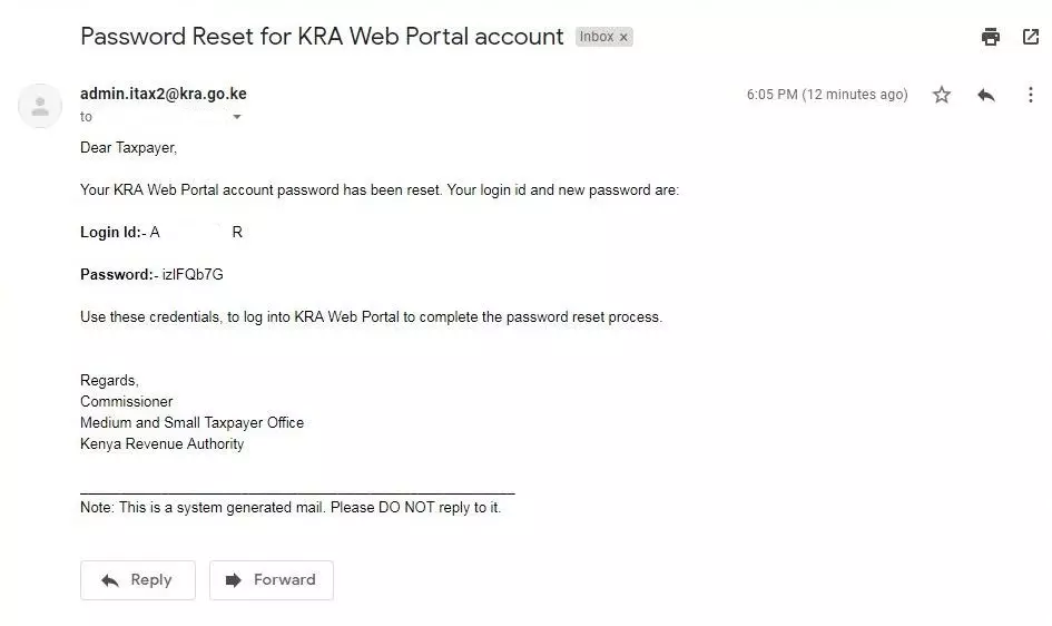 kra login id and new password