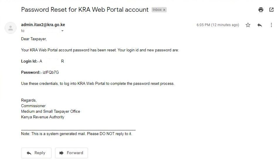 kra login id and new password