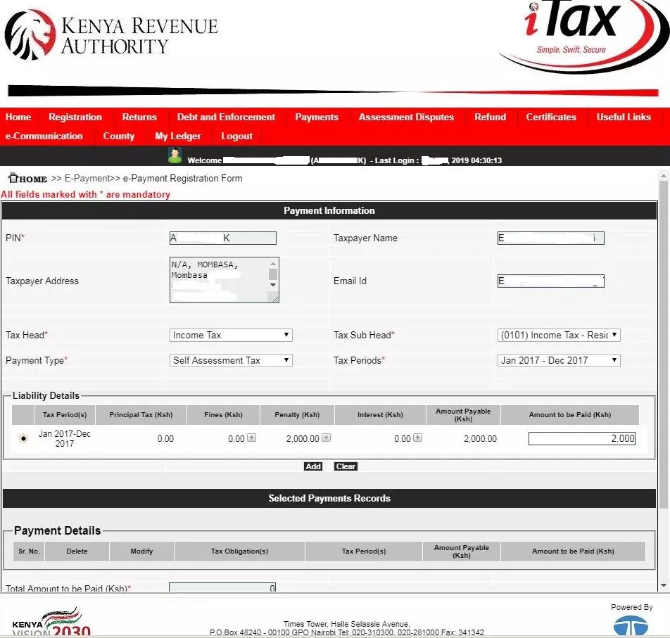 kra payment information