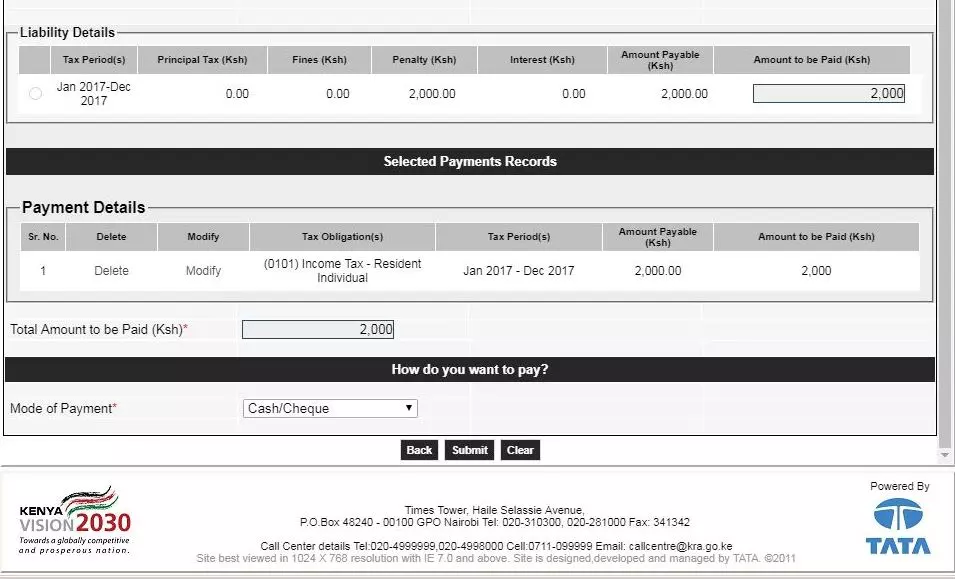 payment details and mode of payment