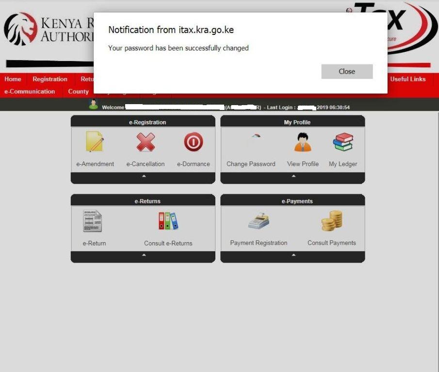 your kra password has been succesfully changed