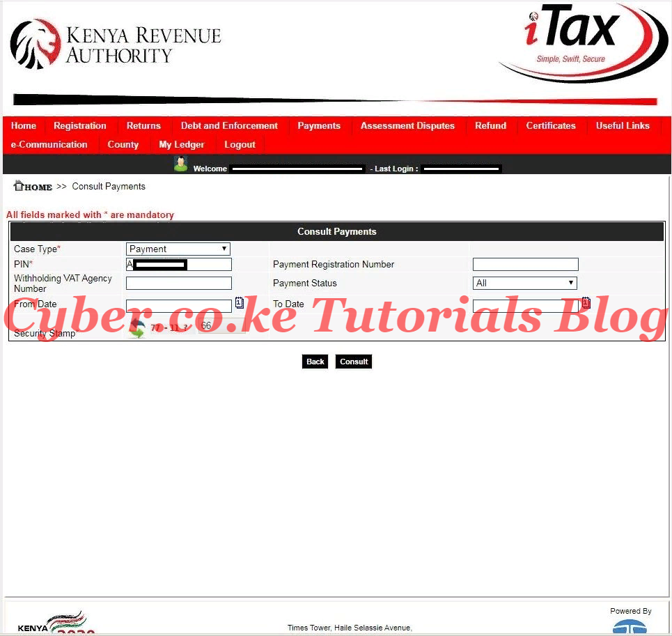 click on the consult kra payments button