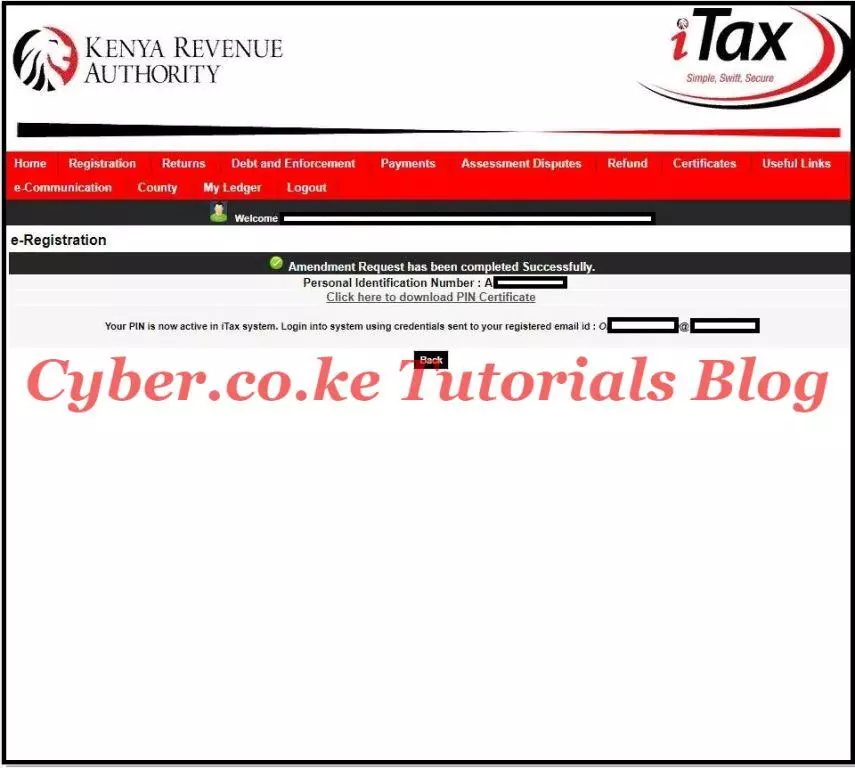 download amended kra pin certificate with a new kra email address