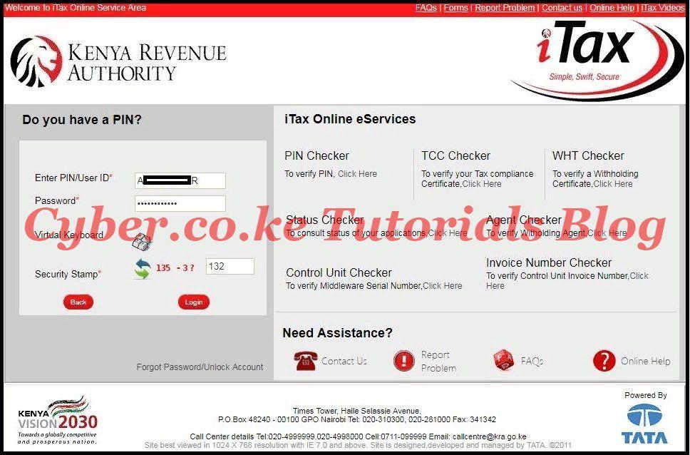 enter kra itax password and solve arithmetic question