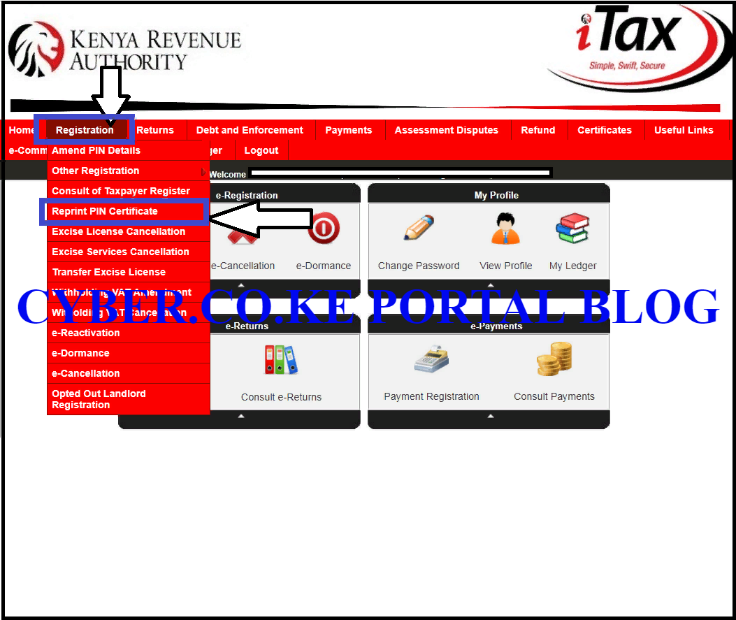 click on registration then reprint kra pin certificate