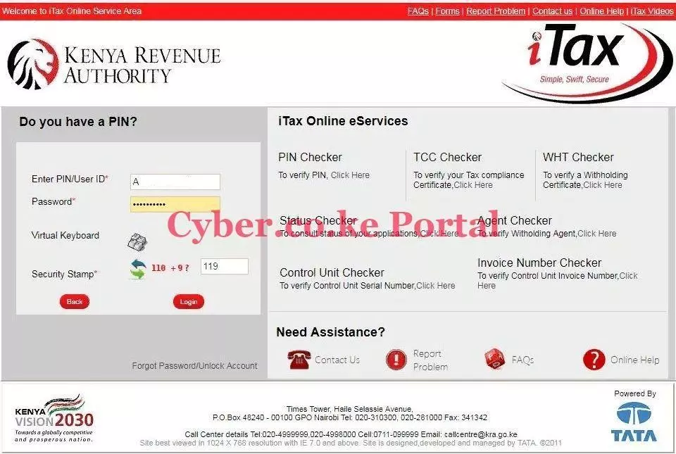 enter kra itax password and solve arithmetic question