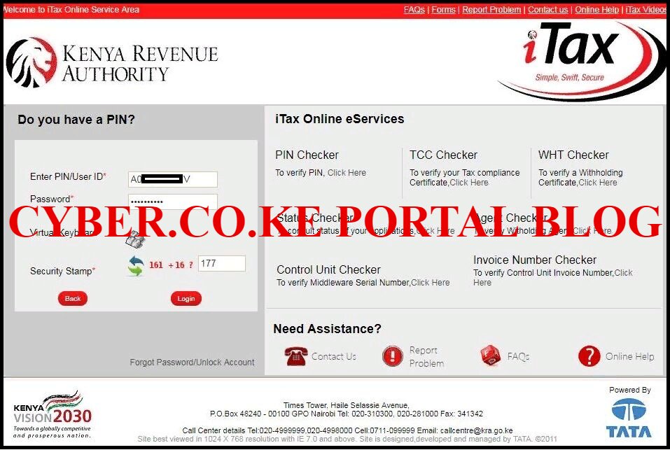 enter kra itax password and solve security question