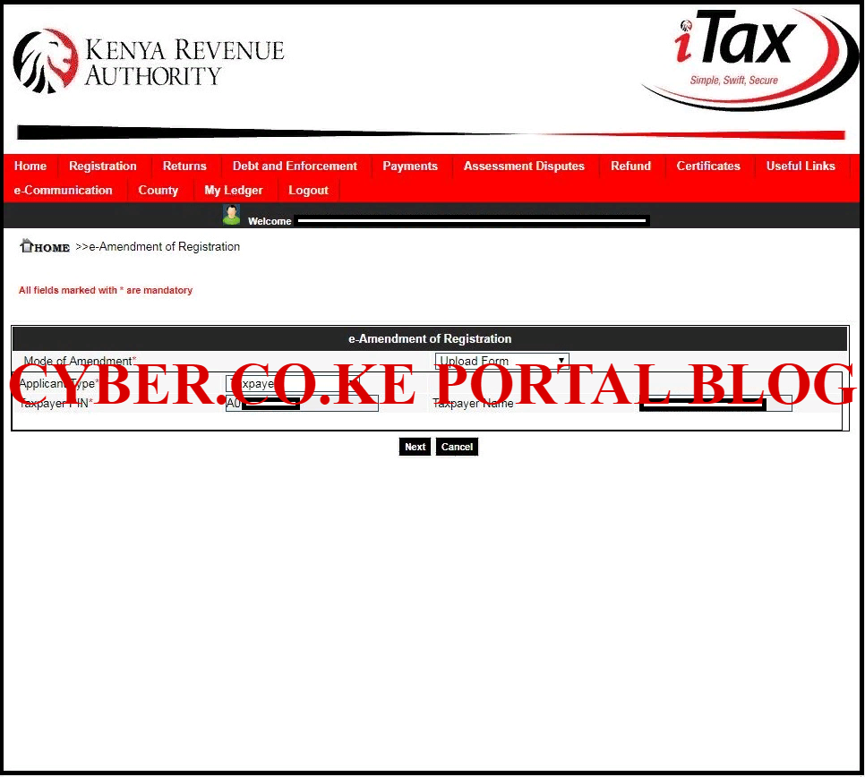 kra pin e-amendment regsitration form