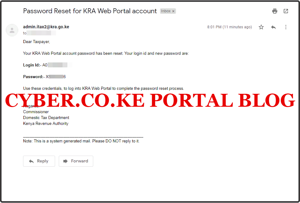 password reset for kra web portal account