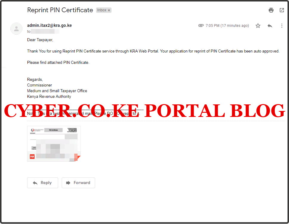 reprint pin certificate email notification from kra