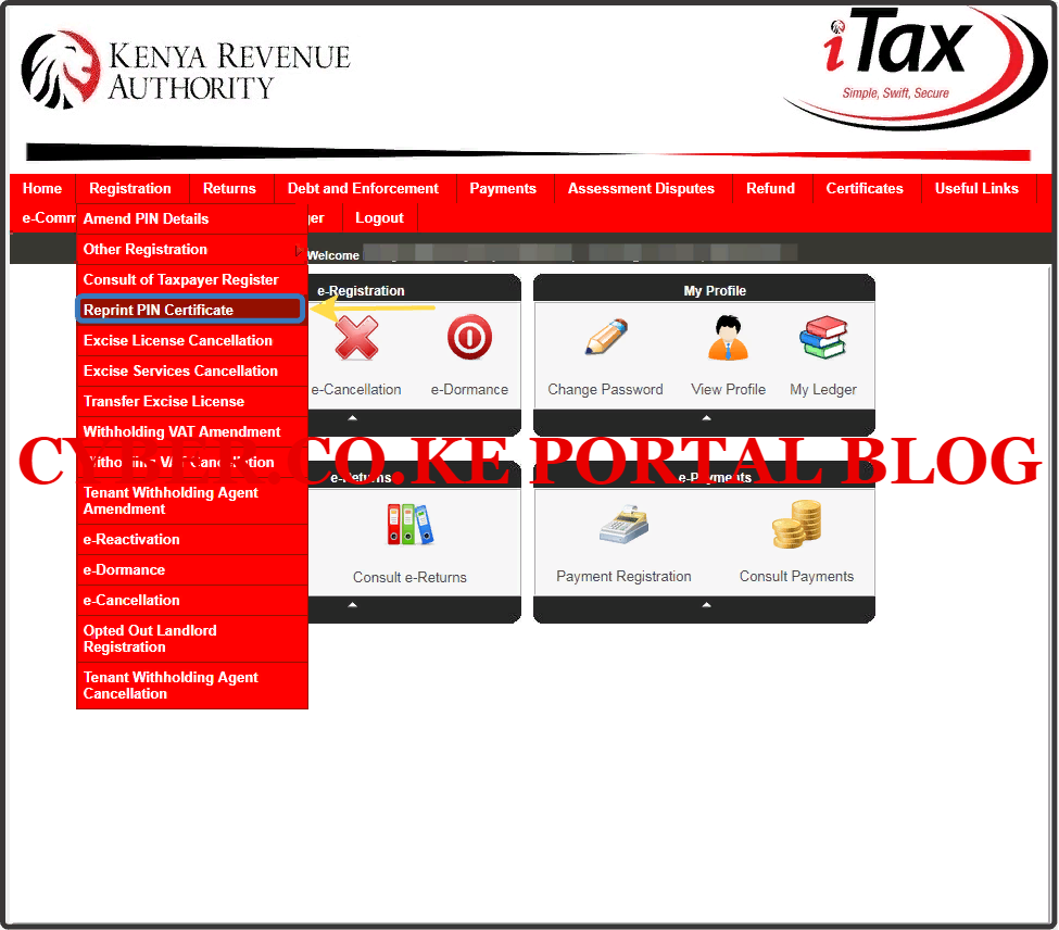 click on registration menu then reprint kra pin certificate