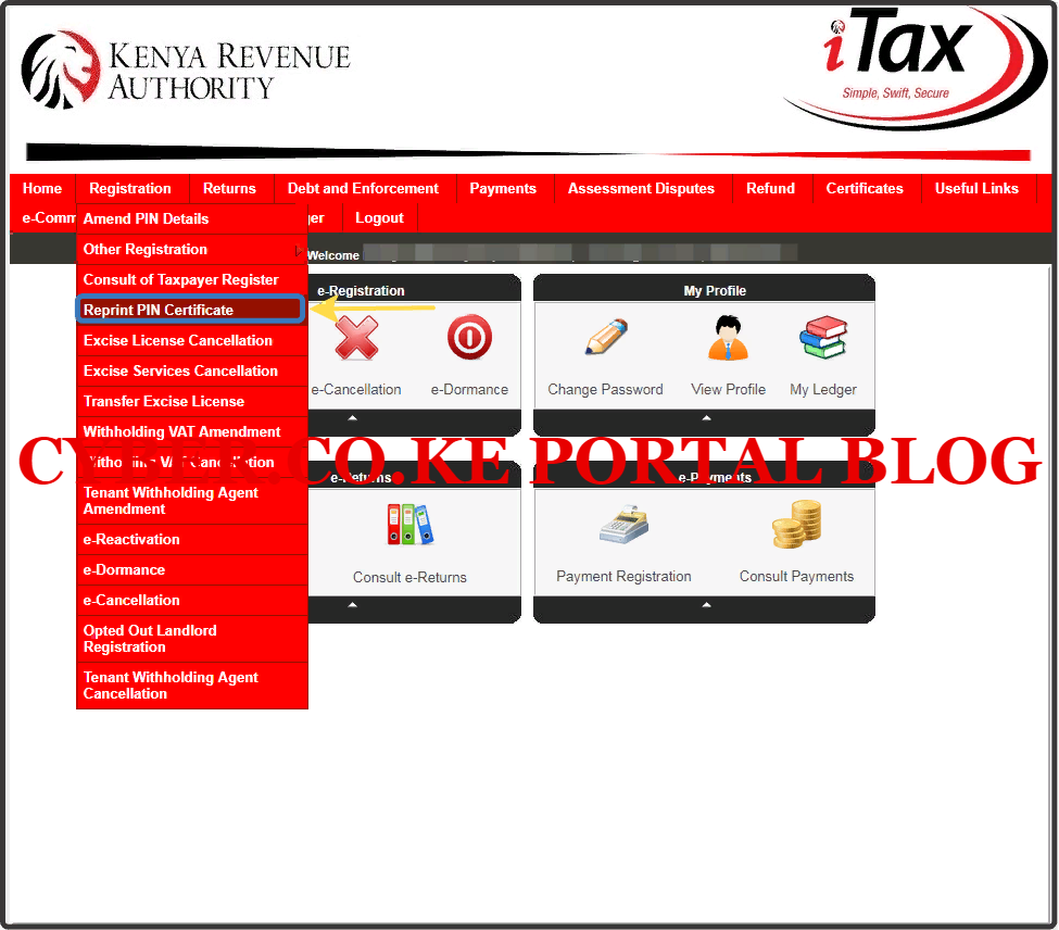 click on reprint kra pin certificate