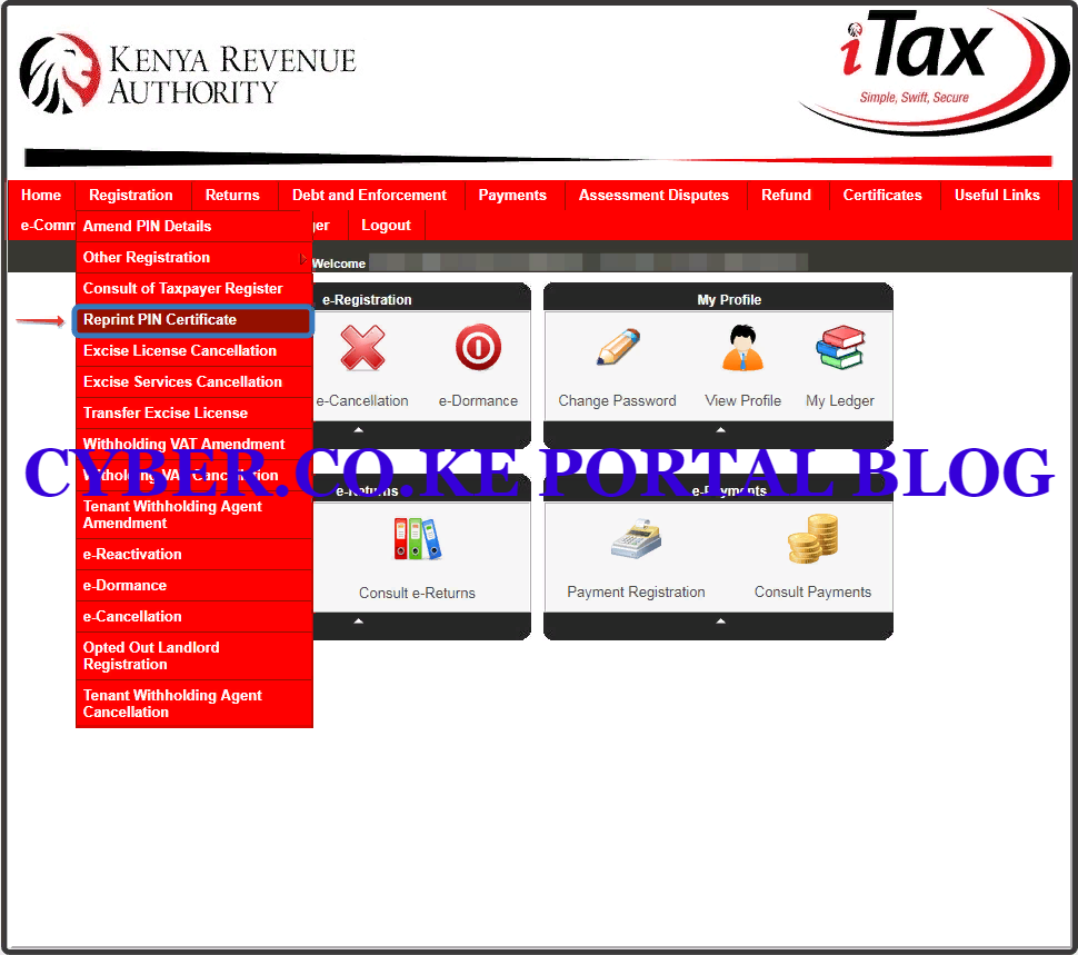 click on the registration menu tab followed by reprint kra pin certificate