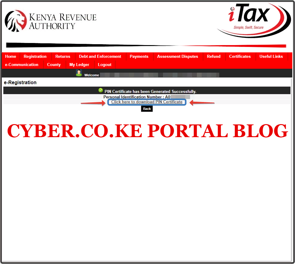 download kra pin certificate on kra itax portal
