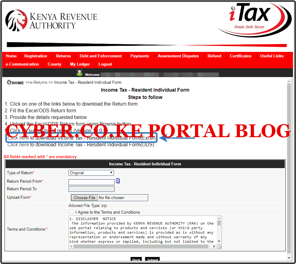 download kra returns excel sheet from itax account