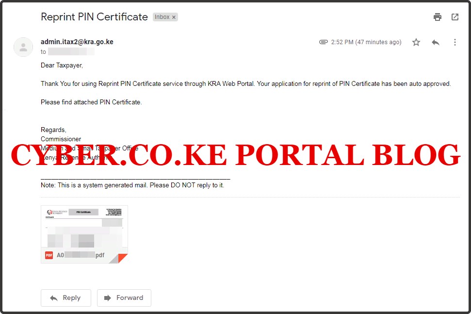 downloaded kra pin certificate in email from kenya revenue authority