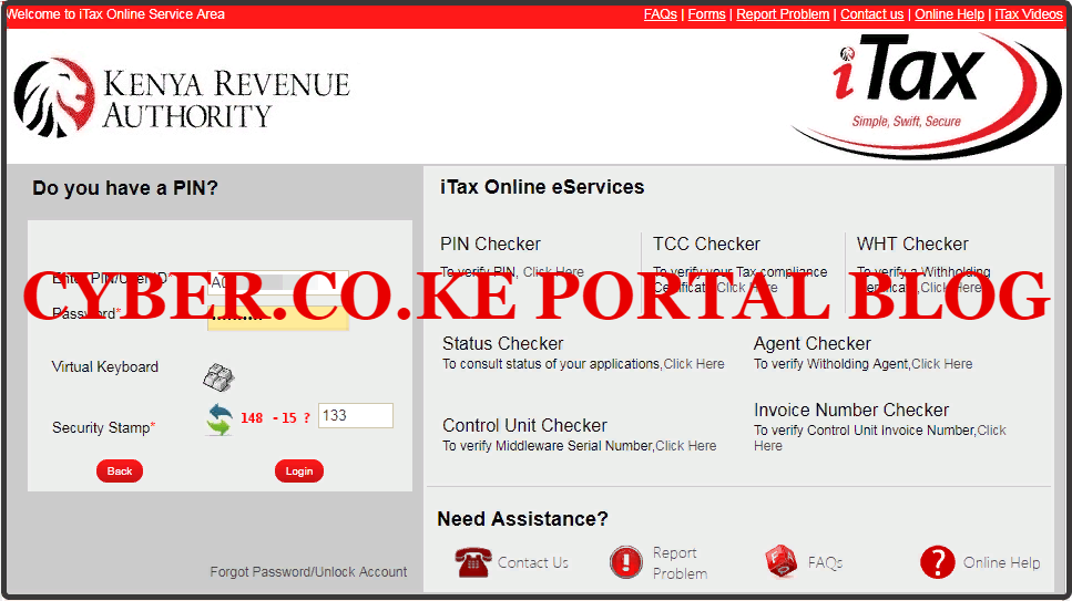 enter kra itax password and solve arithmetic question