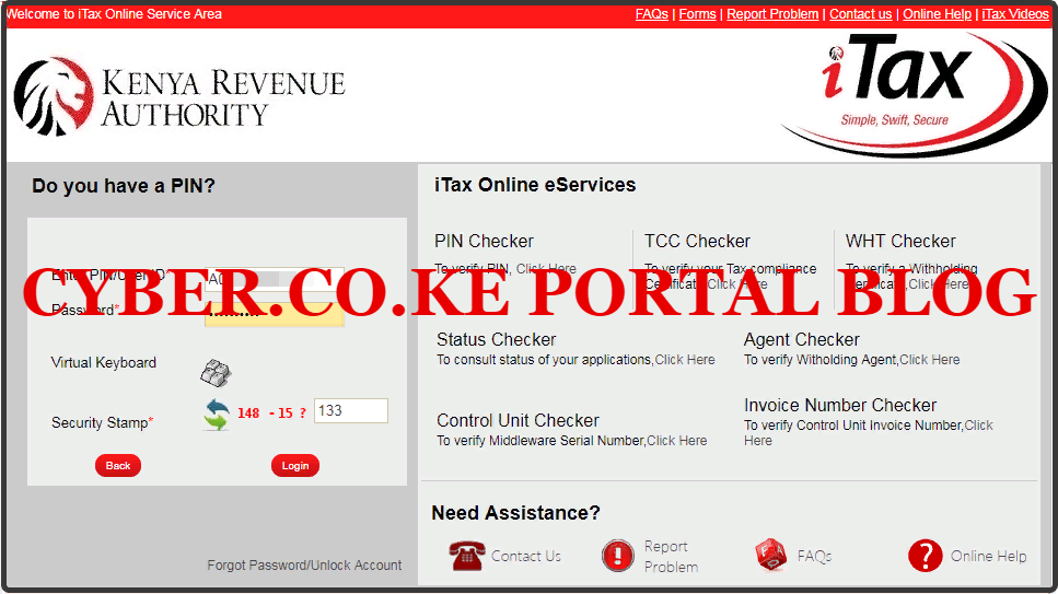 enter kra itax password and solve the arithmetic question