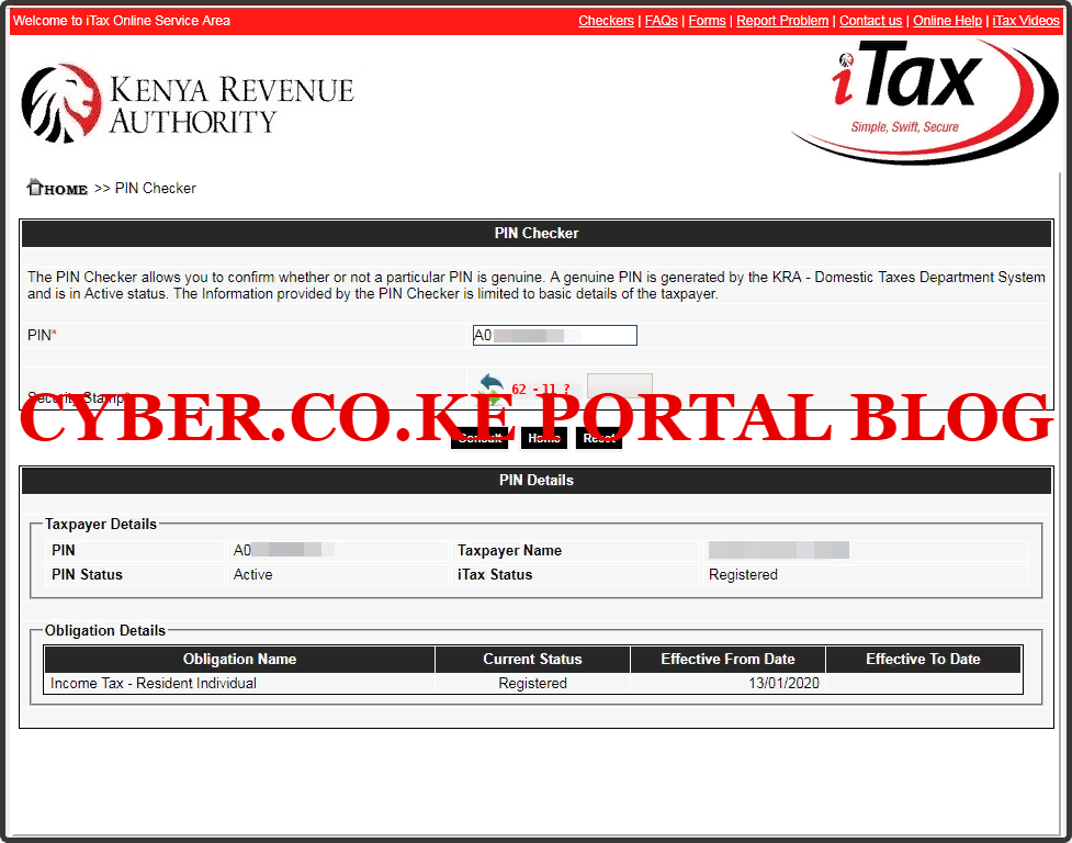 kra itax pin checker results