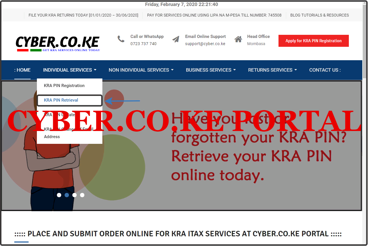 kra pin retrieval at cyber.co.ke portal