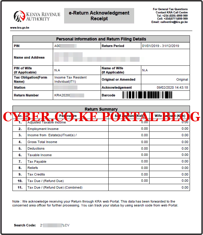 Below is the e-Return Acknowledgement Receipt that is a final confirmation that we have successfully file the KRA Nil Returns on KRA iTax Portal.