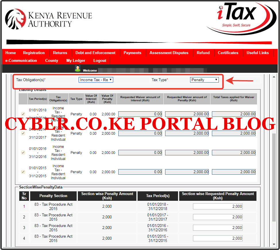 list of kra penalties on itax portal