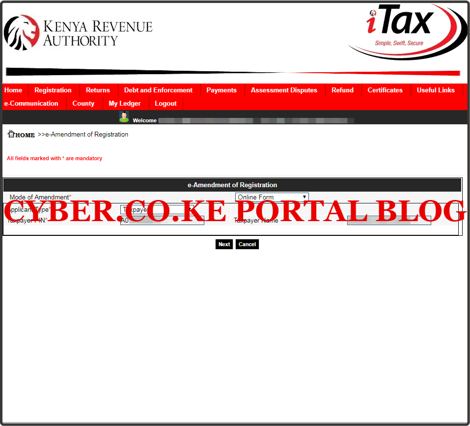 select mode of kra pin amendment