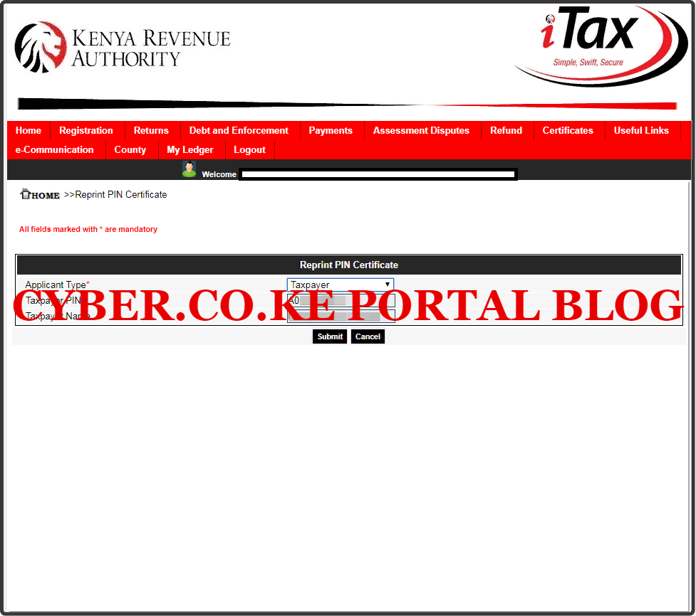 select the applicant type as taxpayer who needs kra pin certificate pdf