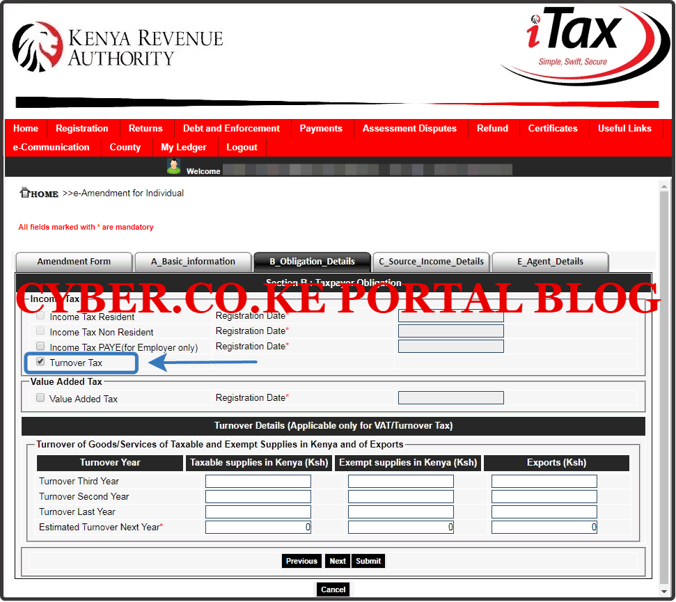 select turnover tax in the obligation details section