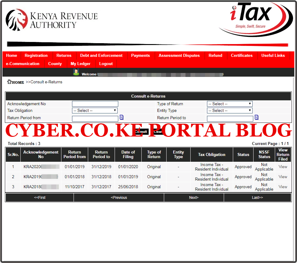 view all filed kra returns on itax portal