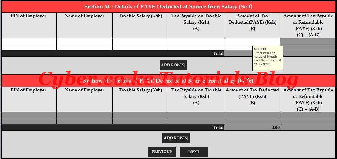 Details of PAYE Deducted Section of the KRA Template