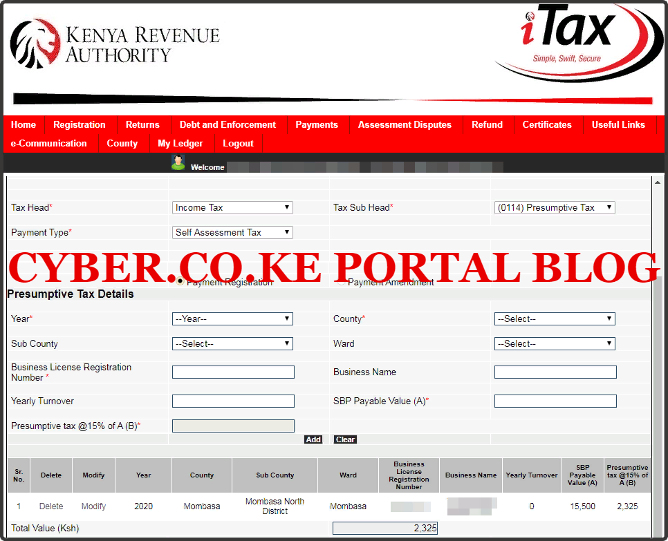 fill in the presumptive tax details of the business