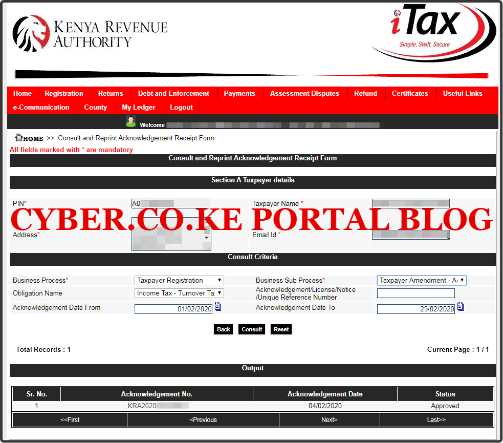 kra e-amendment acknowledgement receipt