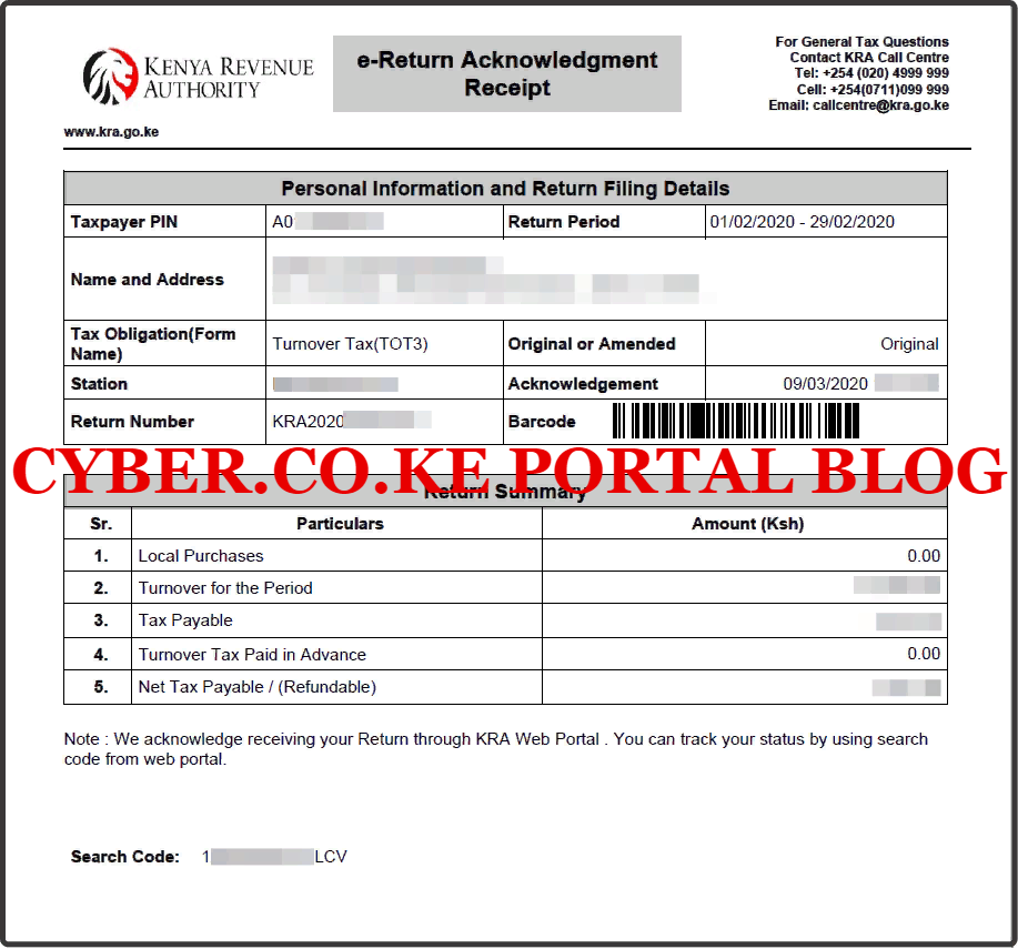 turnover tax return acknowledgement receipt