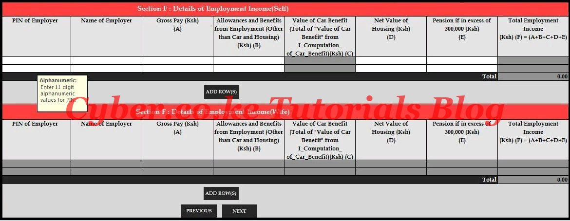 Employment Income Section of the KRA Returns Form