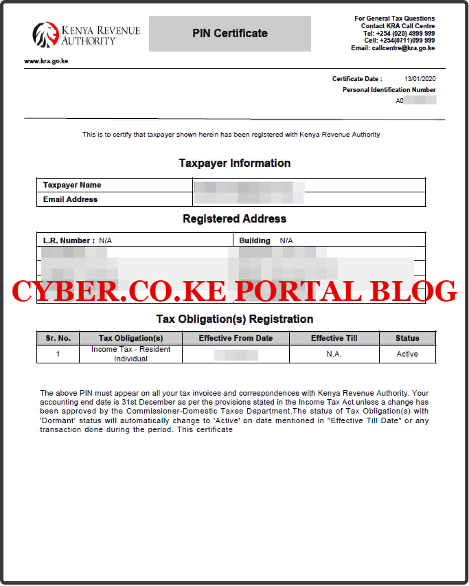 KRA PIN Number Certificate