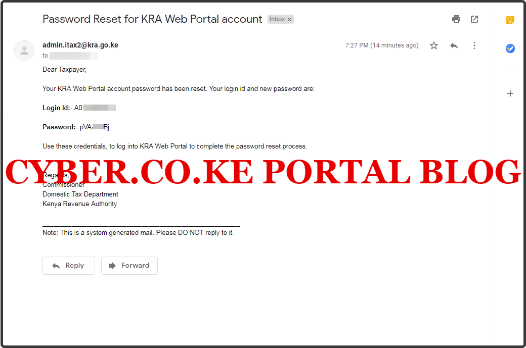 step 5: how to recover kra password using kra portal - check your email for kra password reset