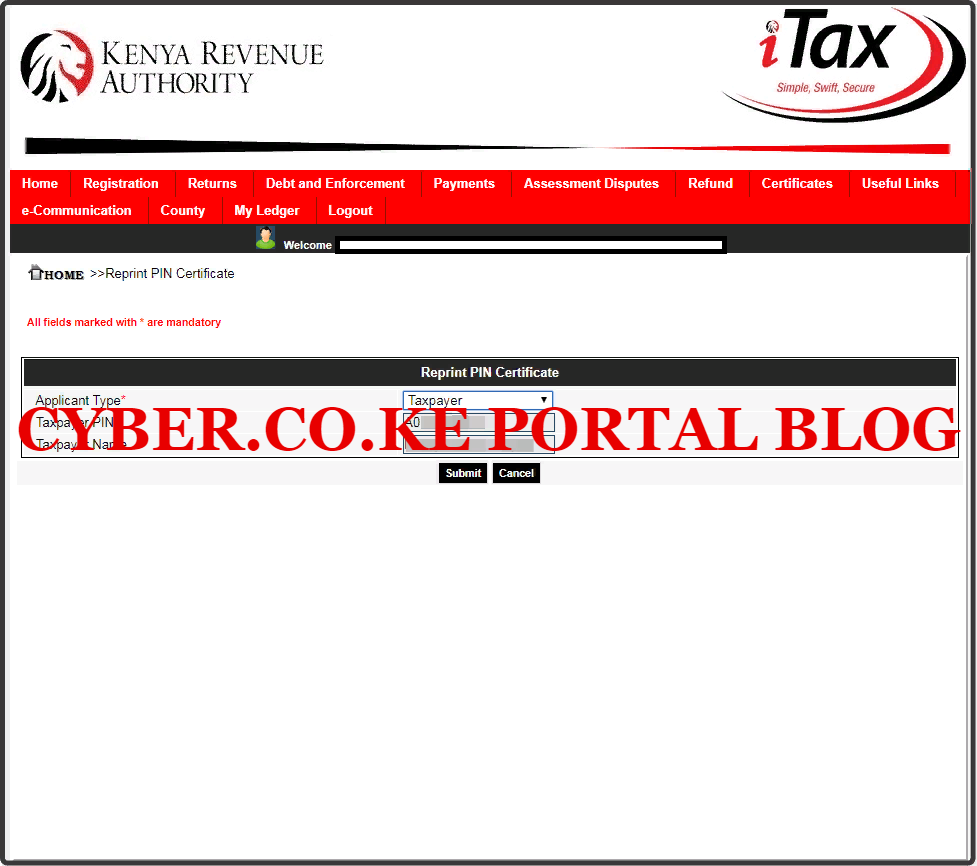 step 6: kra pin reprint process using kra portal - select applicant type for kra pin certificate