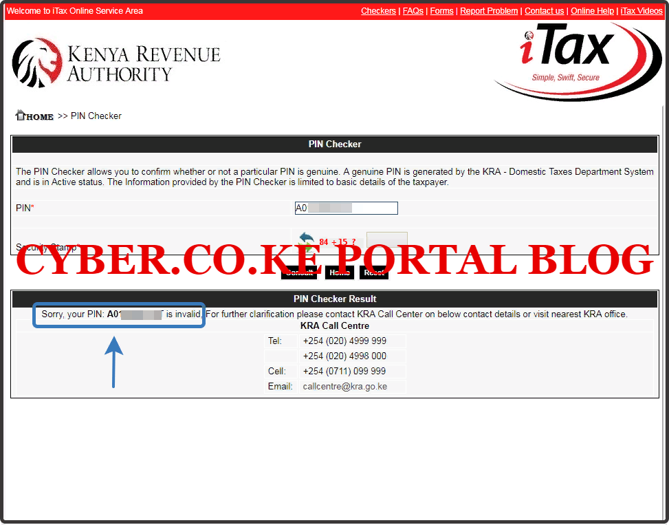 details of itax pin checker results on kra portal