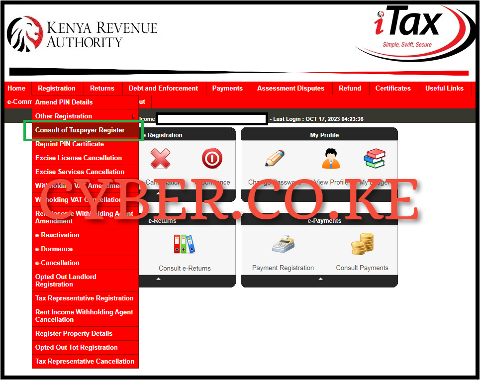 Click on Registration menu then Consult Taxpayer Register
