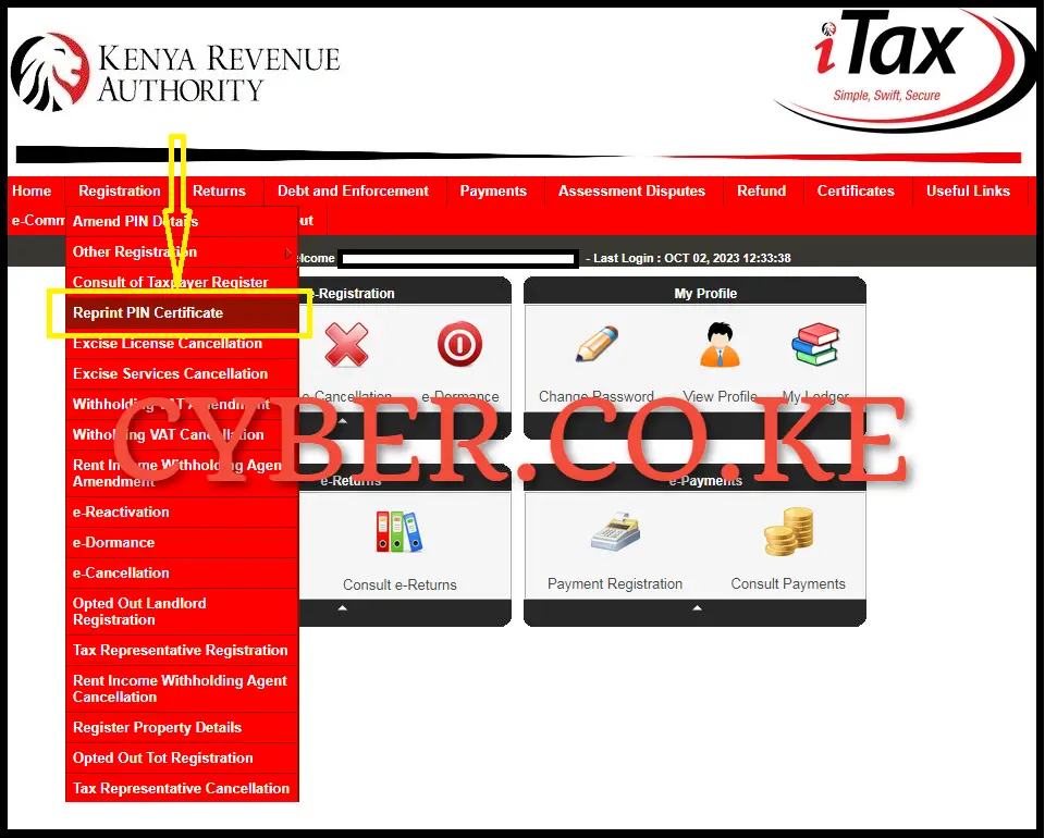 Click on Registration menu then Reprint KRA PIN Certificate