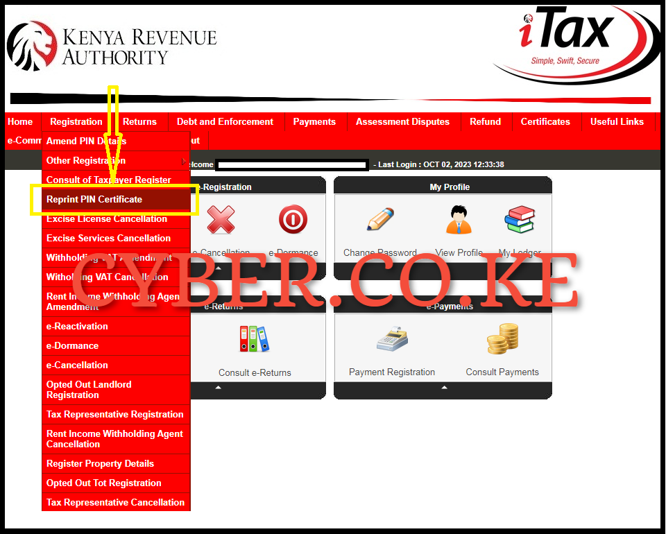 Click on Registration menu then download KRA PIN Certificate