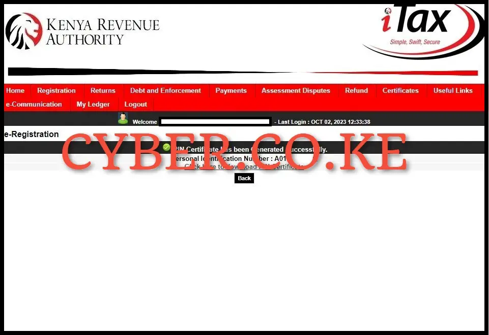 Download The Generated KRA PIN Certificate
