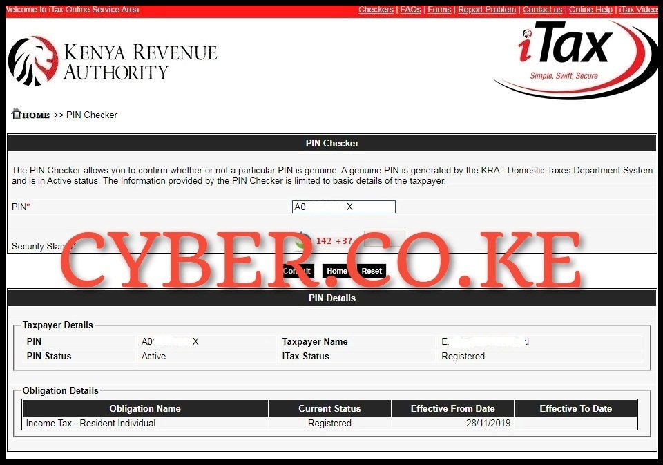 KRA PIN Checker Results for KRA PIN