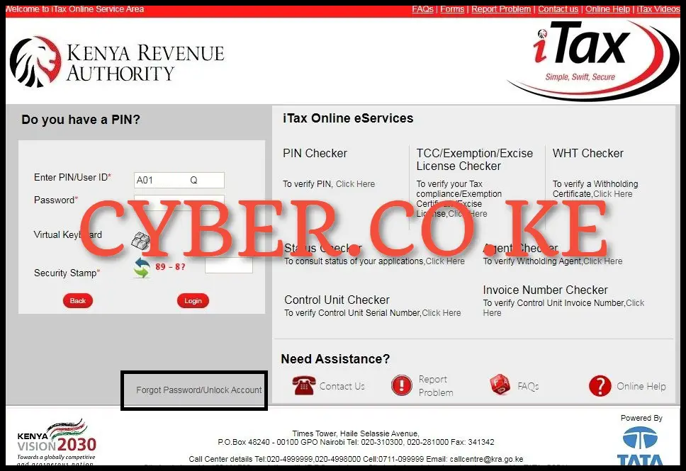 Enter KRA PIN Number and Click on Forgot iTax Password